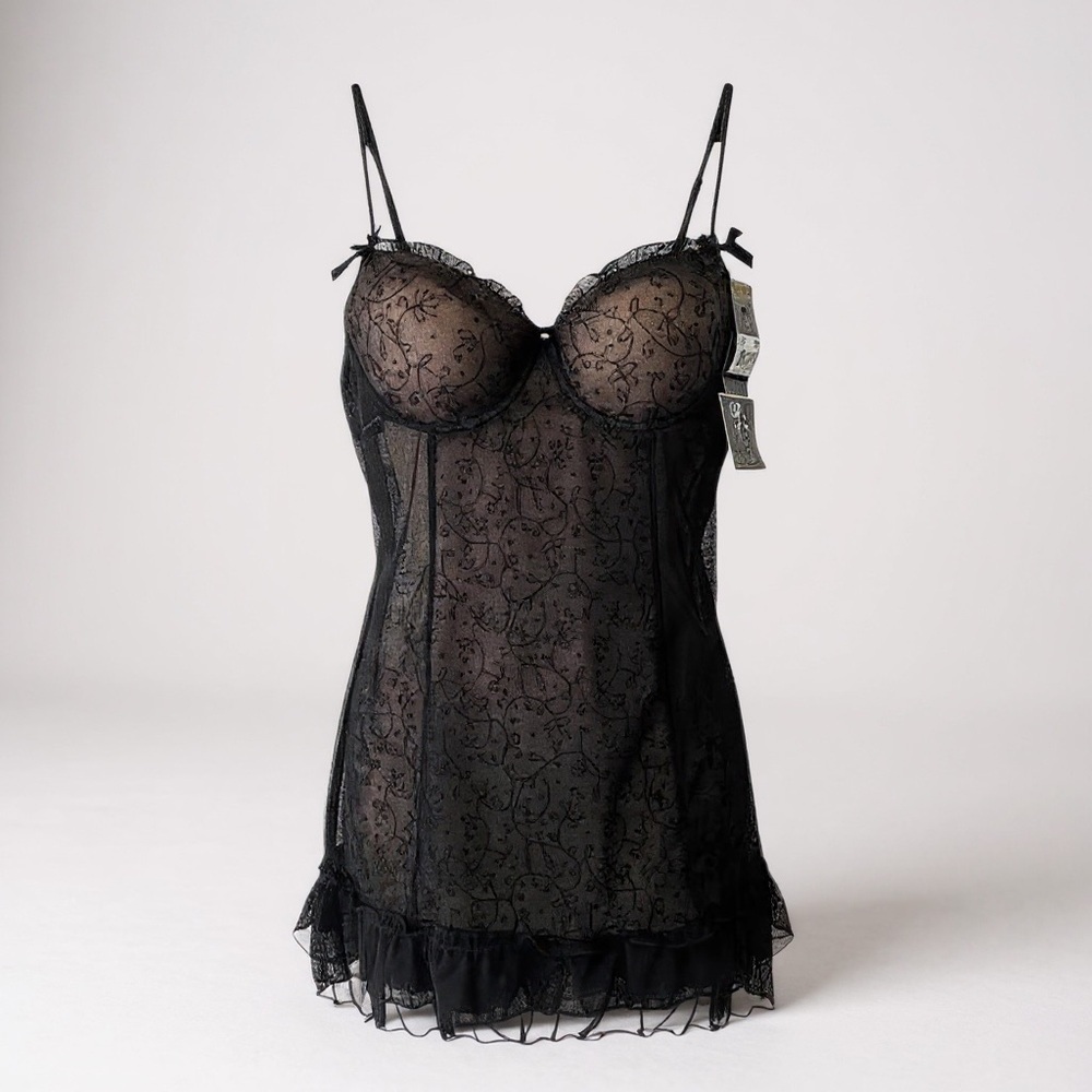 MARILYN MONROE L Black Floral Lace Nude Ruffles Nightie Chemise Slip NWT R $45